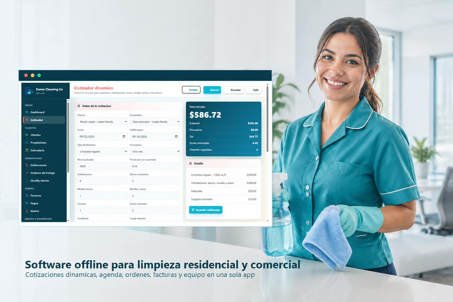 Clean Service Central con captura del software y profesional de limpieza